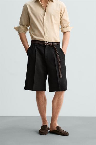 LIMITED EDITION LINEN/COTTON PLEATED BERMUDA SHORTS - Black by Zara