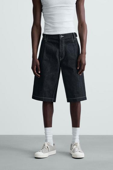 Zara BELTED BAGGY FIT DENIM SHORTS - Blue