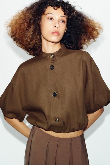 CAMISA GLOBO COM LINHO - Castanho / Toupeira da Zara