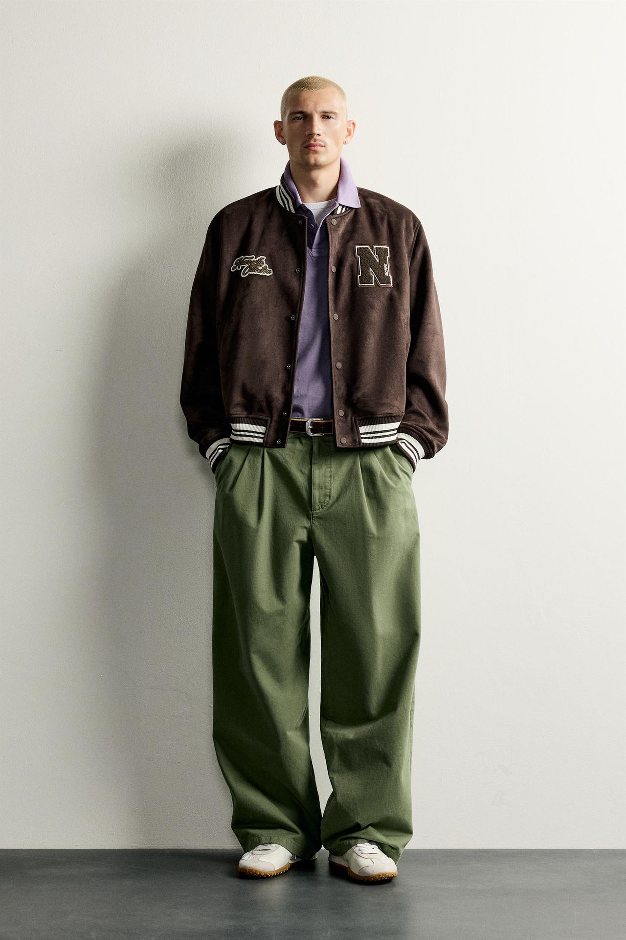 FAUX-SUEDE PATCH BOMBER JACKET — Brown