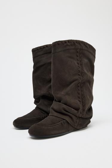 SPLIT SUEDE FLAT ANKLE BOOTS WITH EMBROIDERY - Brown by Zara - Image 4