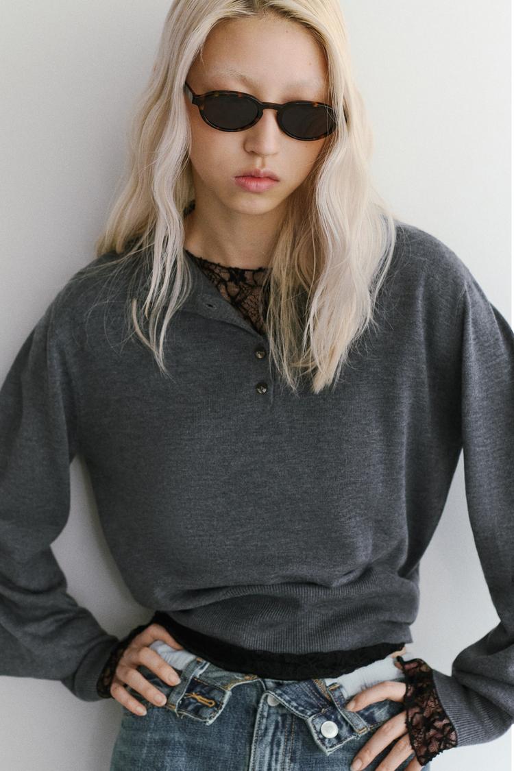 SUEDE KNIT JUMPER WITH HIGH NECK AND BUTTONS
