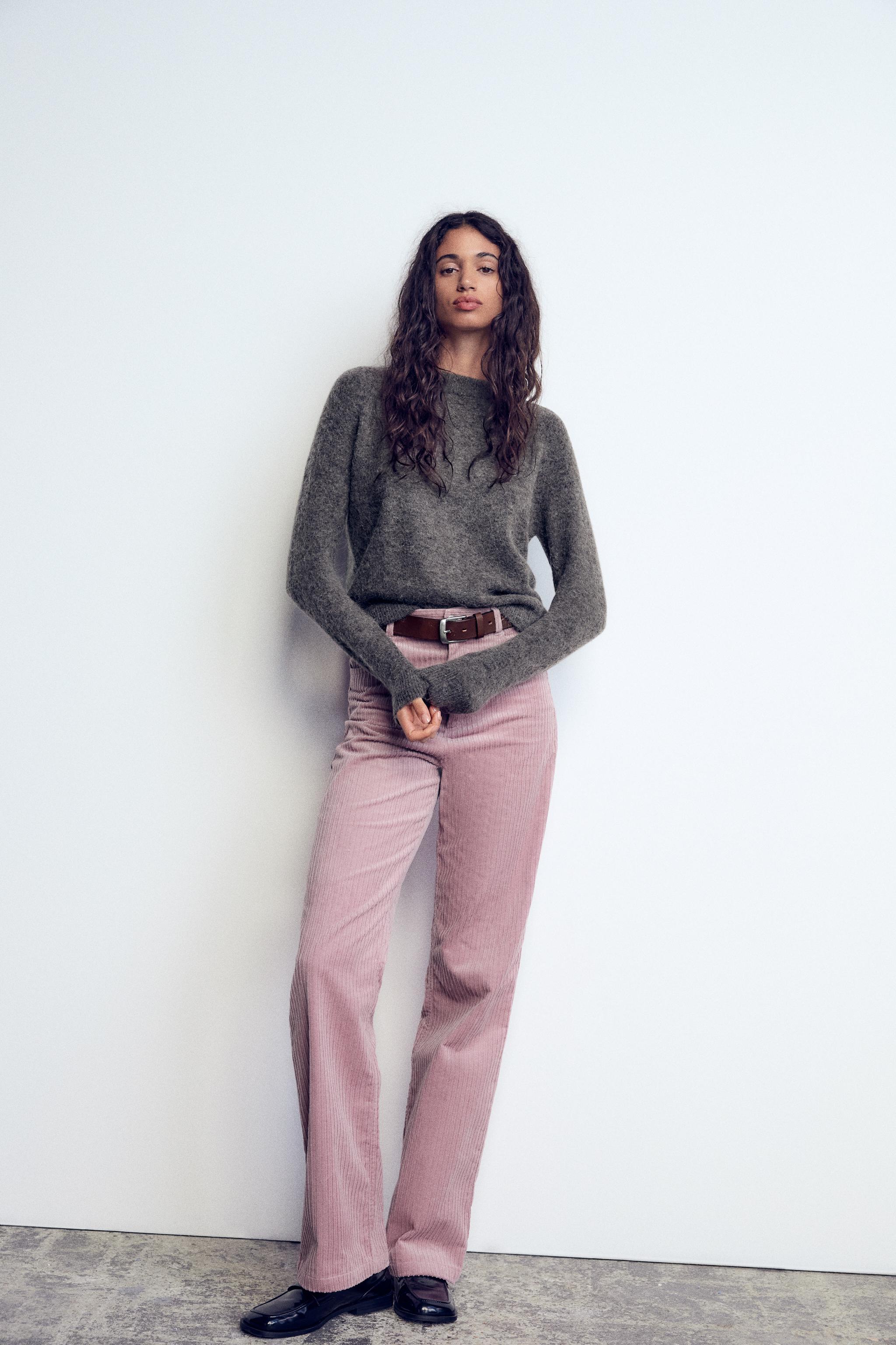 PANTALON DROIT EN VELOURS COTELE Rose clair ZARA France