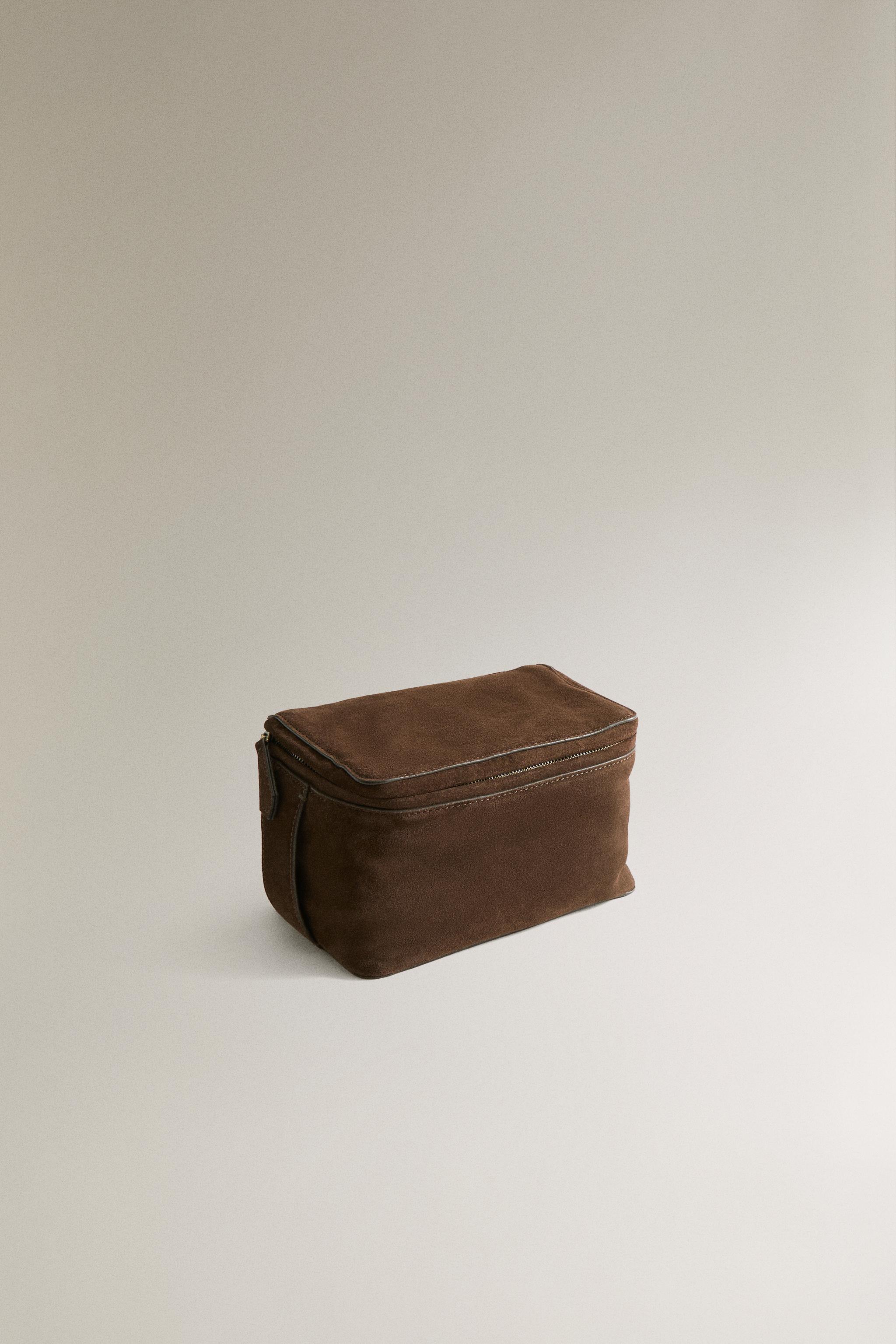 SPLIT SUEDE MAKEUP BAG — Chocolate Brown