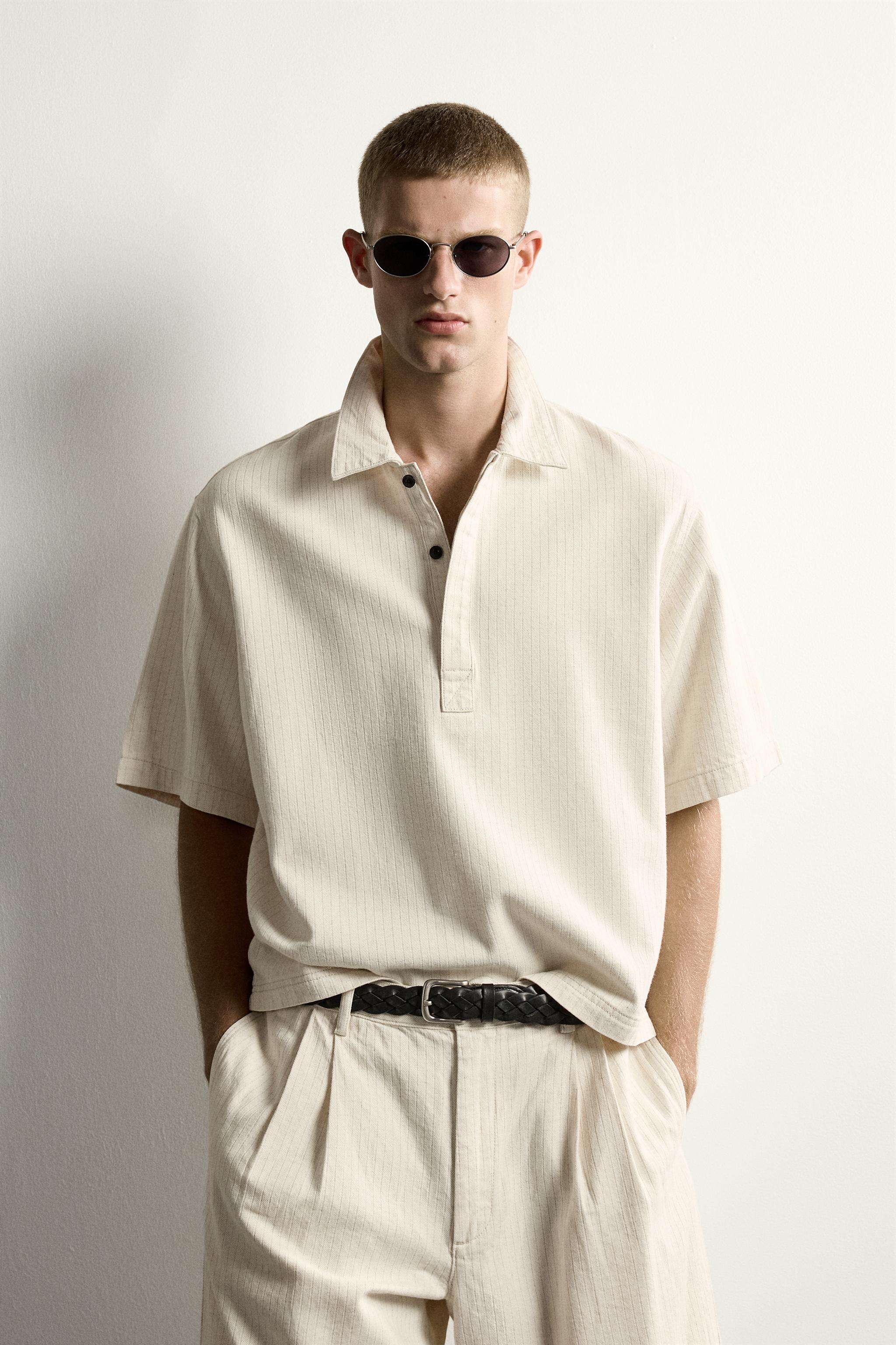 BOXY FIT STRIPED POLO SHIRT — Ecru