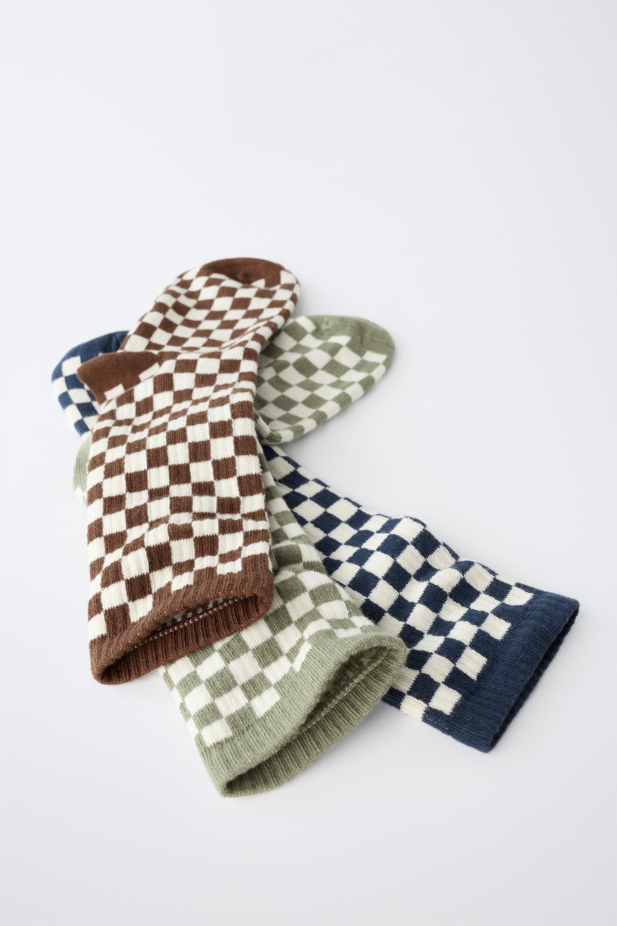 3-PACK CHECKERBOARD MID-CALF SOCKS — Light beige