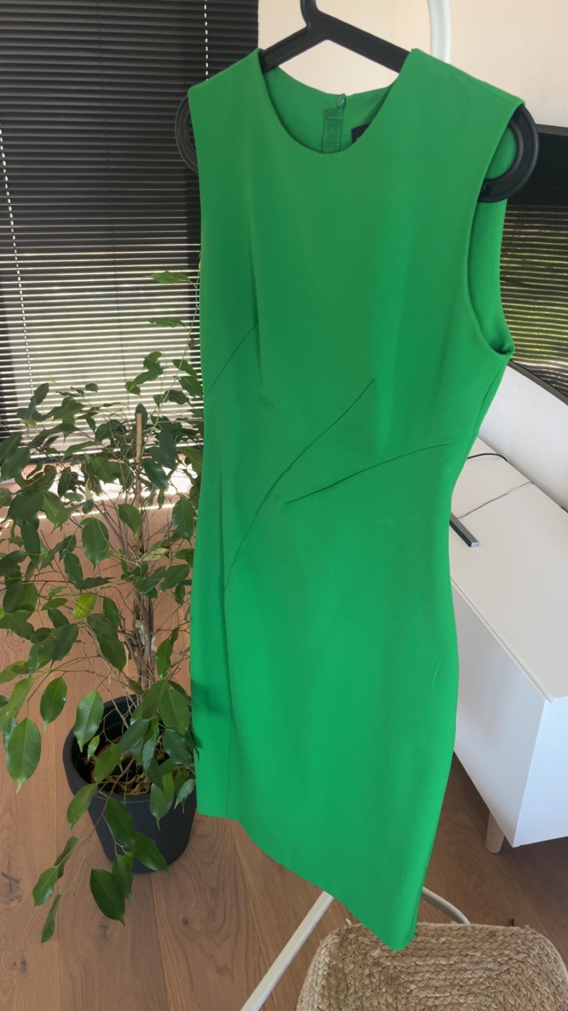 Sleeveless green dress hanging on a black hanger, next to a potted plant and black blinds in the background.
