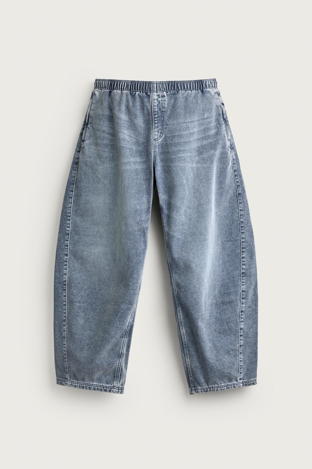 FLEECE DENIM BALLOON FIT PANTS — Light blue