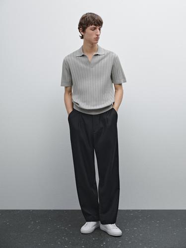 Zara V-neck cotton polo sweater with trims - Mid-gray - Image 0