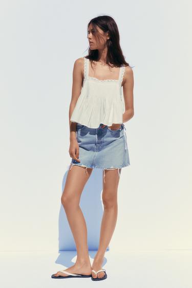 Zara EMBROIDERED TIE TOP - Oyster-white