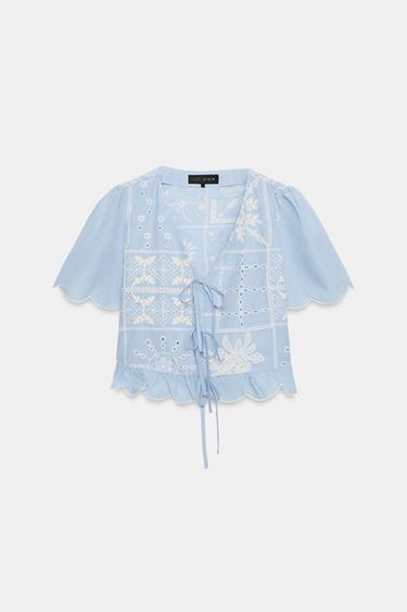 BLOUSE WITH CUTWORK EMBROIDERY AND BOWS - Light blue by Zara - Image 6