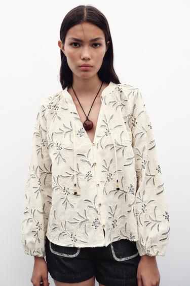 RUSTIC TEXTURED EMBROIDERED BLOUSE - Ecru / Blue by Zara - Image 2