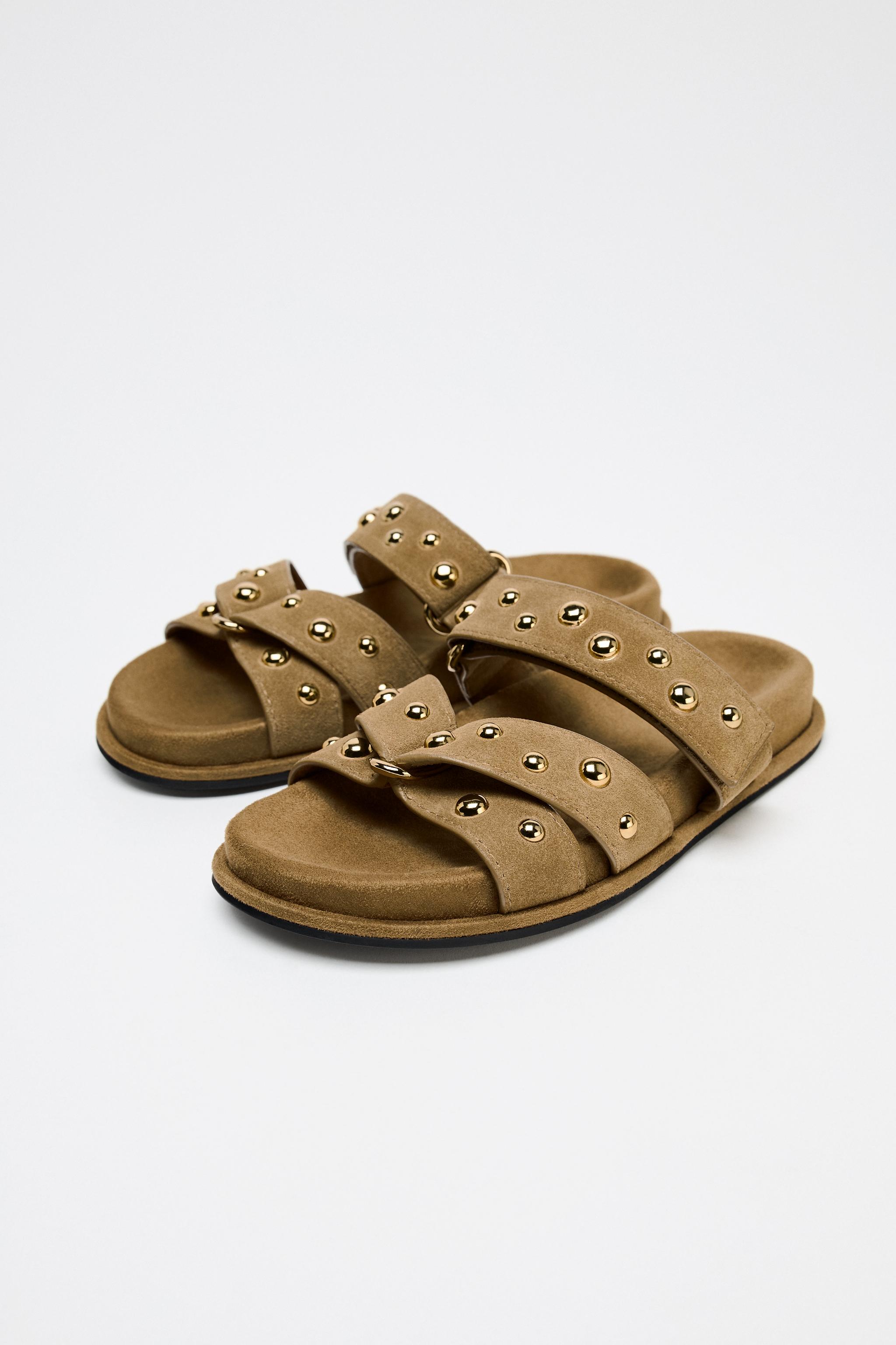 STUDDED SUEDE SANDALS - Dark tan | ZARA United States