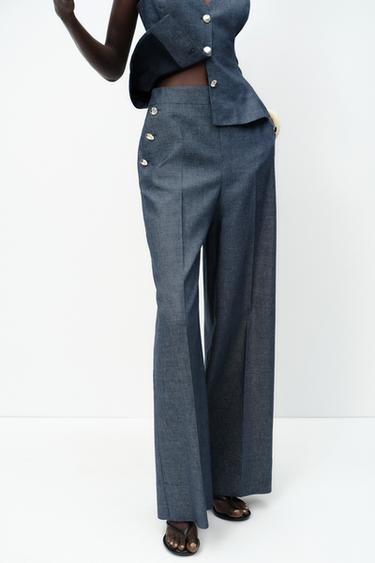 WIDE-LEG TROUSERS WITH BUTTONS AND LINEN - Light indigo by Zara