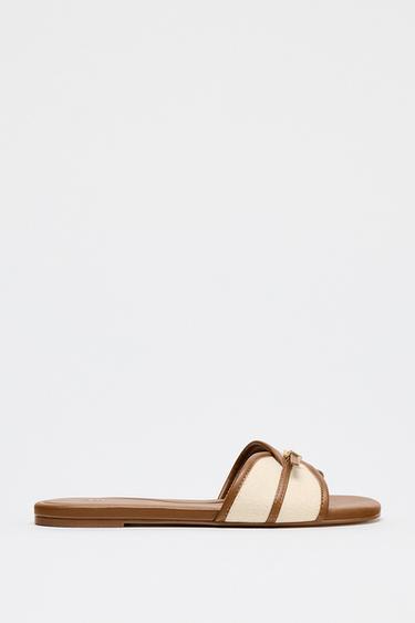 Zara BUCKLE FLAT FABRIC SANDALS - Dark tan