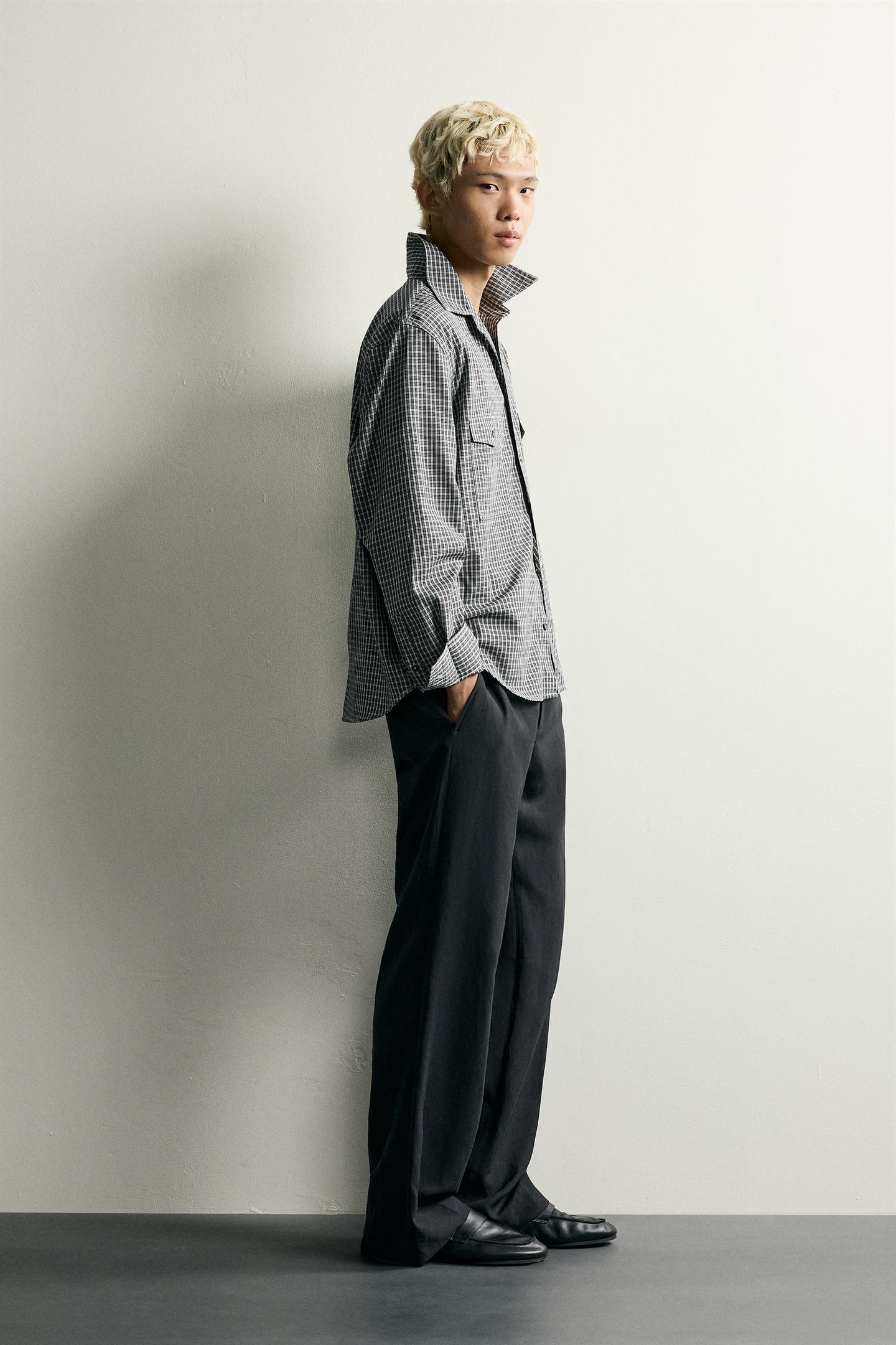 Мужская рубашка Zara Relaxed Fit Plaid, цвет: Тёмно-синий / Белый — фото 4
