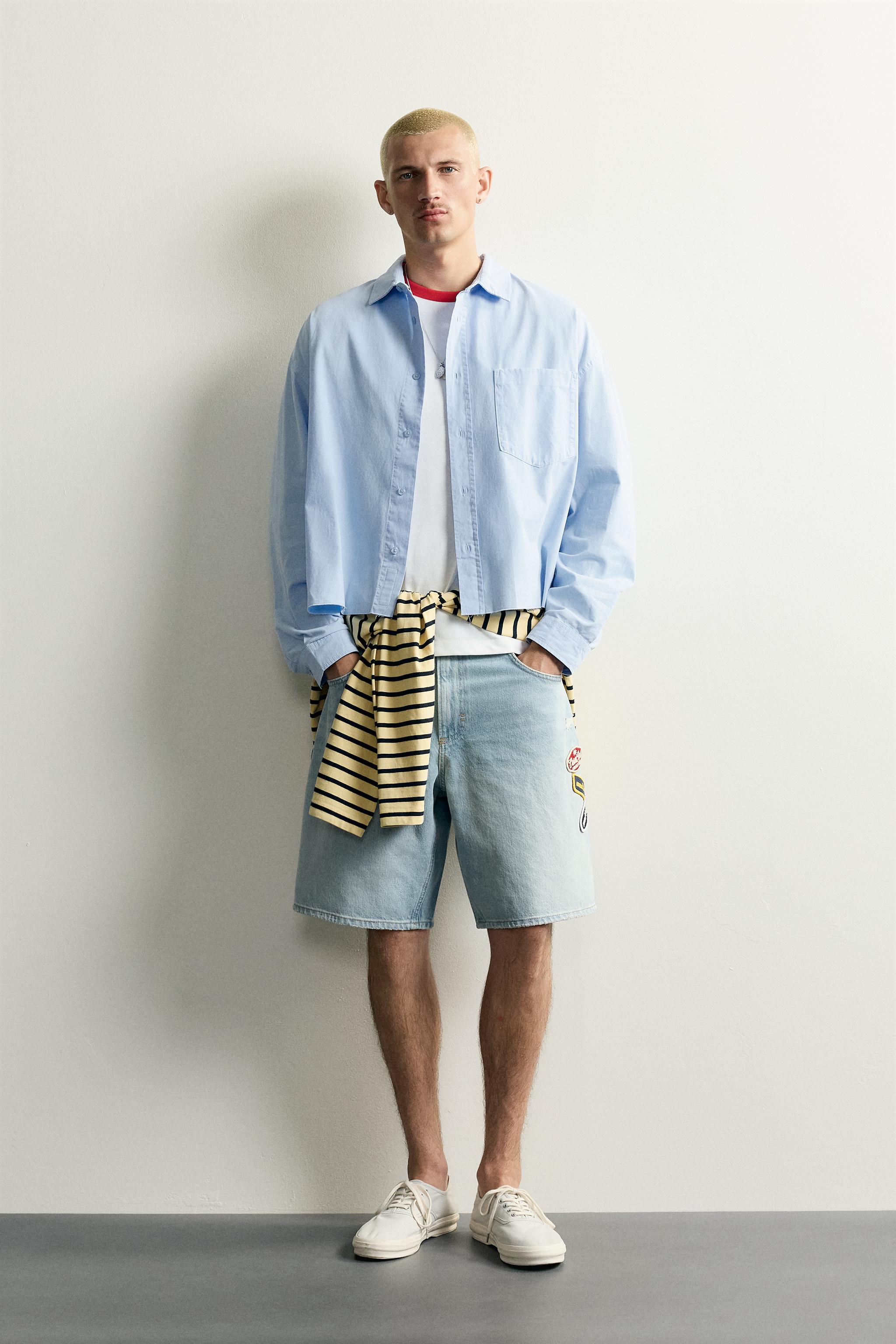 パッチ付きリラックスフィットデニムバミューダパンツ - ブルー | ZARA