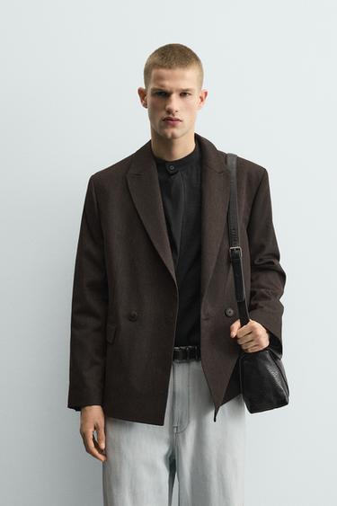 Zara DOUBLE BREASTED WOOL BLEND SUIT JACKET - brown vigore