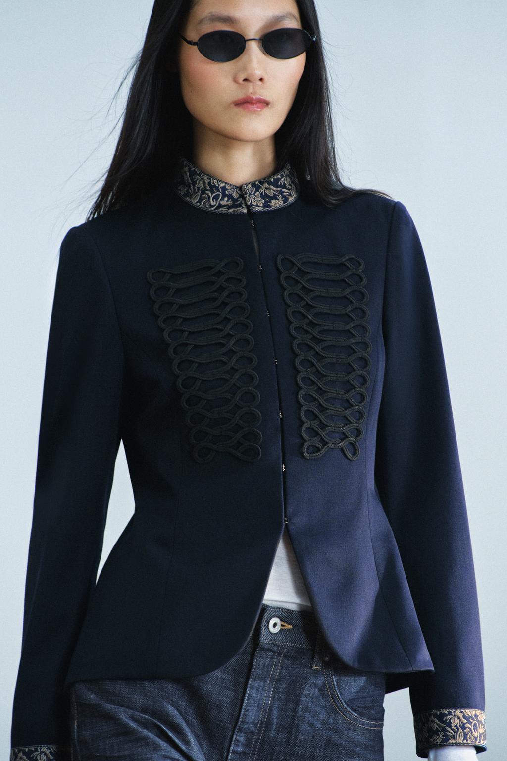 ZW COLLECTION WOOL BLEND JACKET WITH FROG FASTENING AND CONTRAST EMBROIDERY