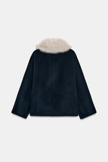 Zara ZW COLLECTION WOOL BLEND FAUX FUR COLLAR JACKET - Navy blue