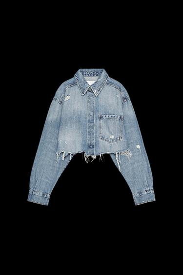Zara TRF CROPPED RIPPED DENIM OVERSHIRT - Blue - Image 0