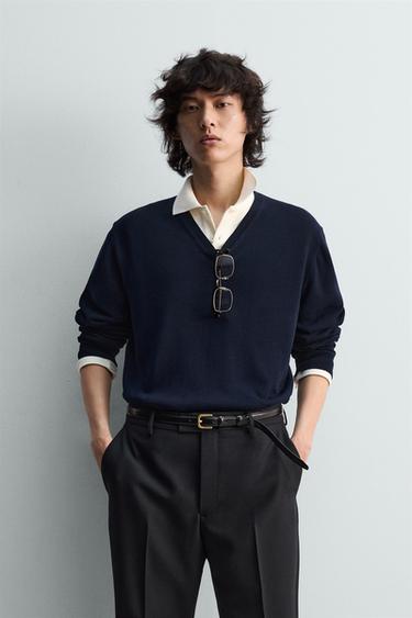 RELAXED FIT V-NECK JUMPER - Navy blue by Zara