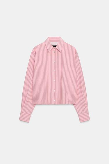 Zara STRIPED BALLOON OXFORD SHIRT - Pink / White