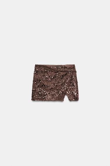 FALDA PANTALÓN MINI LENTEJUELAS NUDO - Marrón de Zara