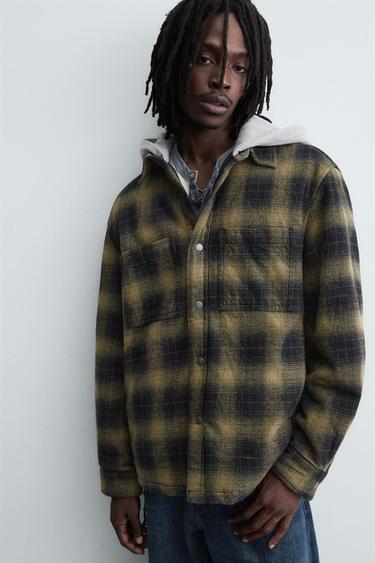 HOODED CHECK OVERSHIRT - Black / Green by Zara - Image 4