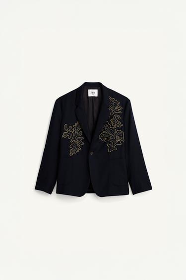 Zara RELAXED FIT CONTRAST EMBROIDERED BLAZER - Blue