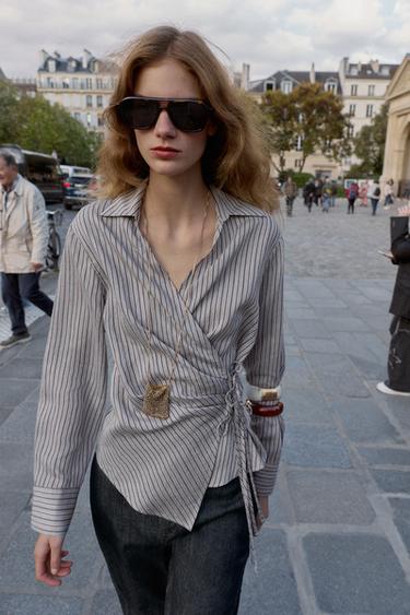 قميص مخطط متصالب بربطة - رمادي فيجوريه الخاص بـ Zara