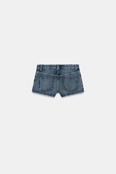 Zara STUDDED TRF DENIM SHORTS - Blue