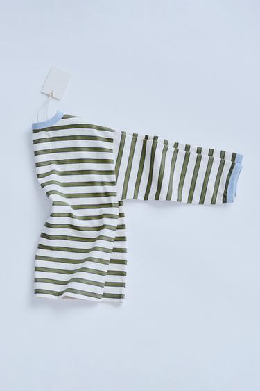 ZARA TIMELESZ  - STRIPED T-SHIRT WITH CONTRAST TRIM - Green by Zara - Image 1