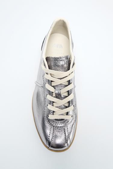 Zara METALLIC LEATHER SNEAKERS - Silver