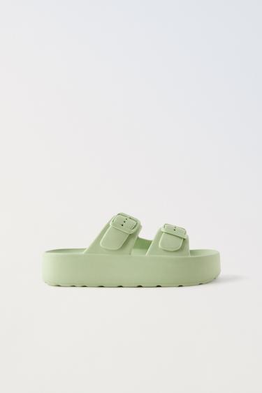 CHUNKY BUCKLED POOL SLIDERS - Green by Zara