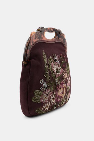 FLORAL EMBROIDERED BAG WITH TORTOISESHELL HANDLE - Aubergine by Zara - Image 3