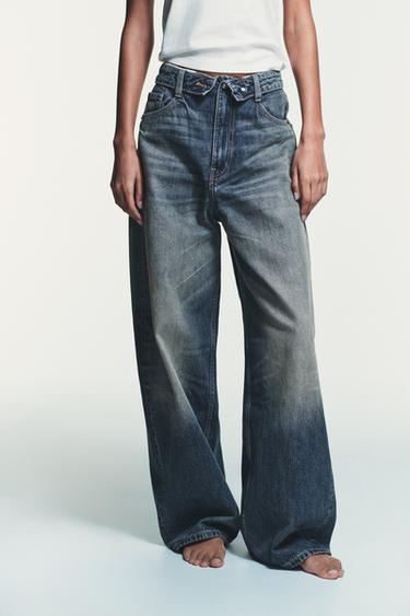 TRF FOLDED WAIST MID-WAIST JEANS - Blue by Zara