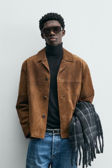 Zara SUEDE LEATHER OVERSHIRT - Brown