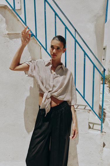 Zara SHORT SLEEVE KNOTTED SHIRT - Ecru / Black