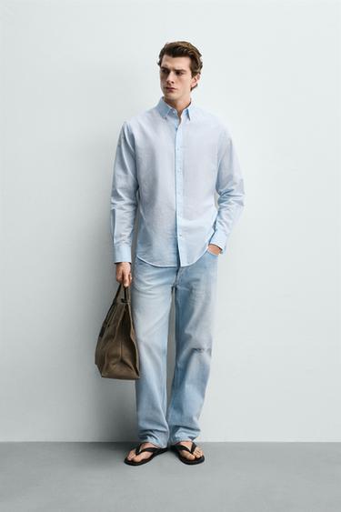 РУБАШКА REGULAR FIT ИЗ ХЛОПКА И ЛЬНА — НЕБЕСНО-ГОЛУБОЙ от Zara