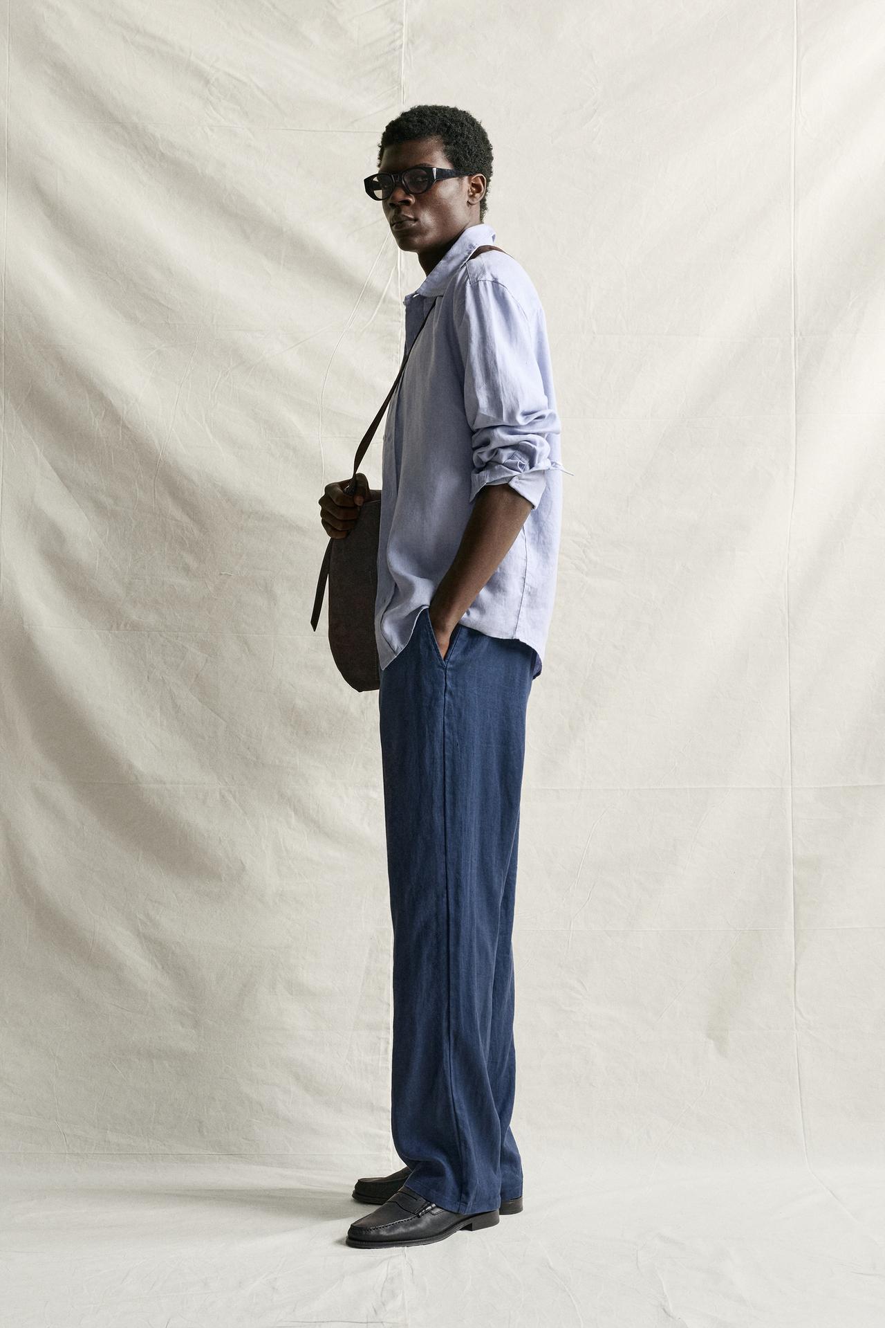 100% LINEN REGULAR FIT PANTS — Navy blue