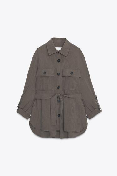 CAMISA DE MÀNIGA ARREMBOLLEGADA AMB CINTURÓ - terrós de Zara