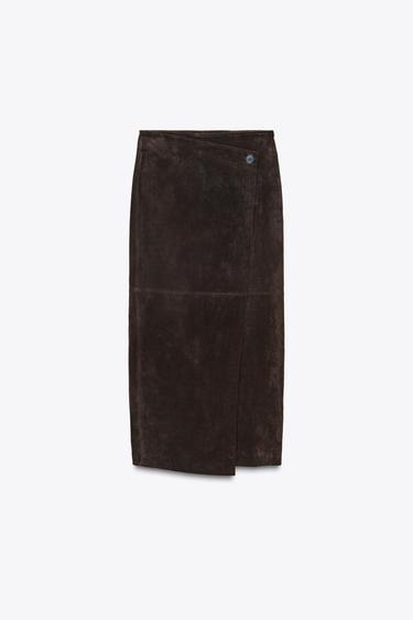 100% LEATHER WRAP MIDI SKIRT - Brown by Zara - Image 5