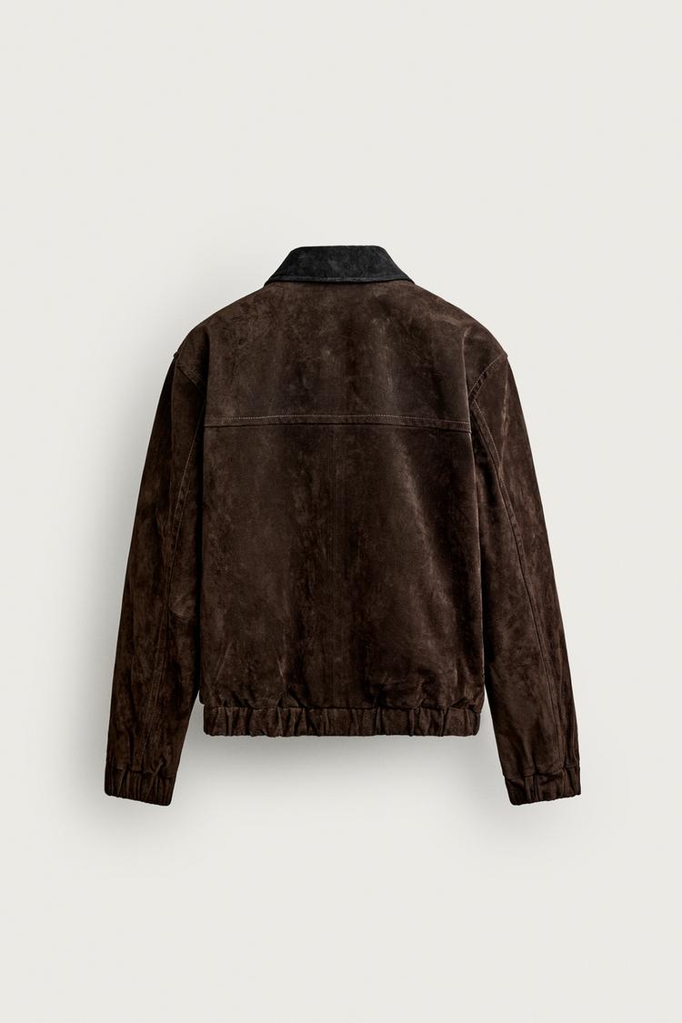 Chaqueta de cuero gamuzado con cuello de contraste 8