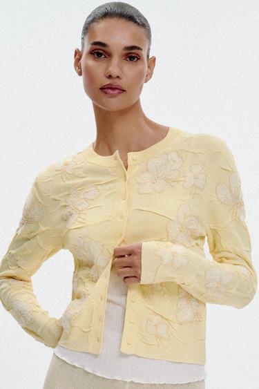 Zara BEADED KNIT CARDIGAN - Light yellow