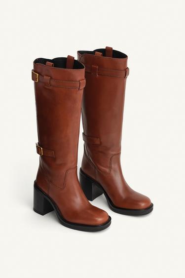 Zara BUCKLED LEATHER BOOTS LIMITED EDITION - Brown