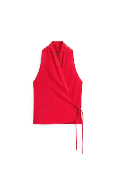 Top halter lazada con lino - Rojo de Zara