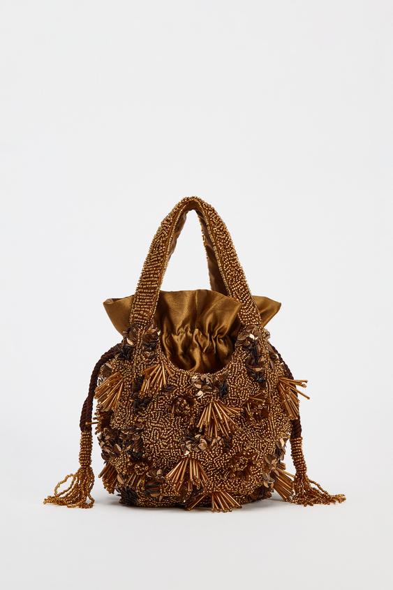 BEADED MINI BUCKET BAG Brown ZARA Saudi Arabia
