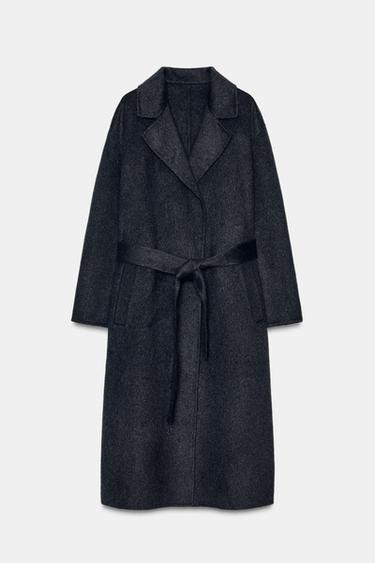Zara LONG WOOL COAT WITH BELT - Dark gray