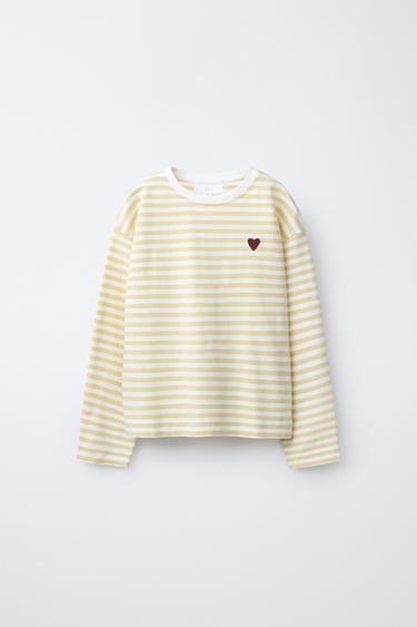 STRIPED T-SHIRT WITH EMBROIDERED HEART - Light beige by Zara